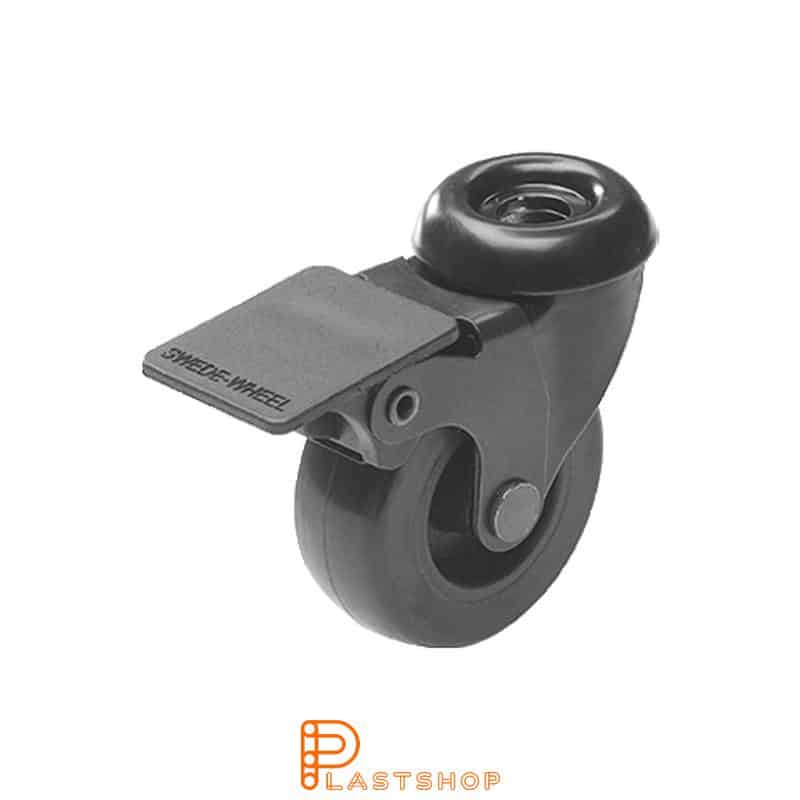 Rueda de enlace con freno, agujero central, diámetro de la rueda 50 mm, altura de construcción 64 mm, buje en PP con banda suave en PUR de color negro. 40 kg de carga, rodamientos deslizantes