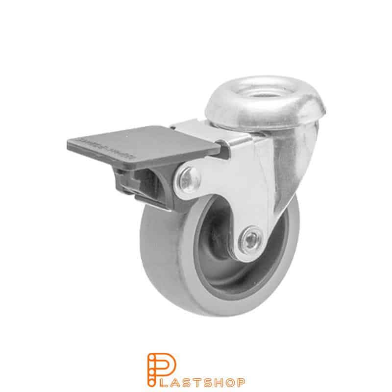 Rueda de enlace con freno, agujero central, diámetro de la rueda 50 mm, altura de construcción 64 mm, buje en PP con banda suave en TPE de color gris. 40 kg de carga, rodamientos deslizantes