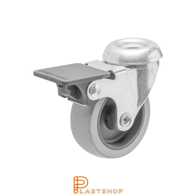Link wheel with brake, center hole, wheel diameter 50 mm, construction height 64 mm, hub in PP with soft band in TPE in grå. 40 kg load capacity, slide bearing