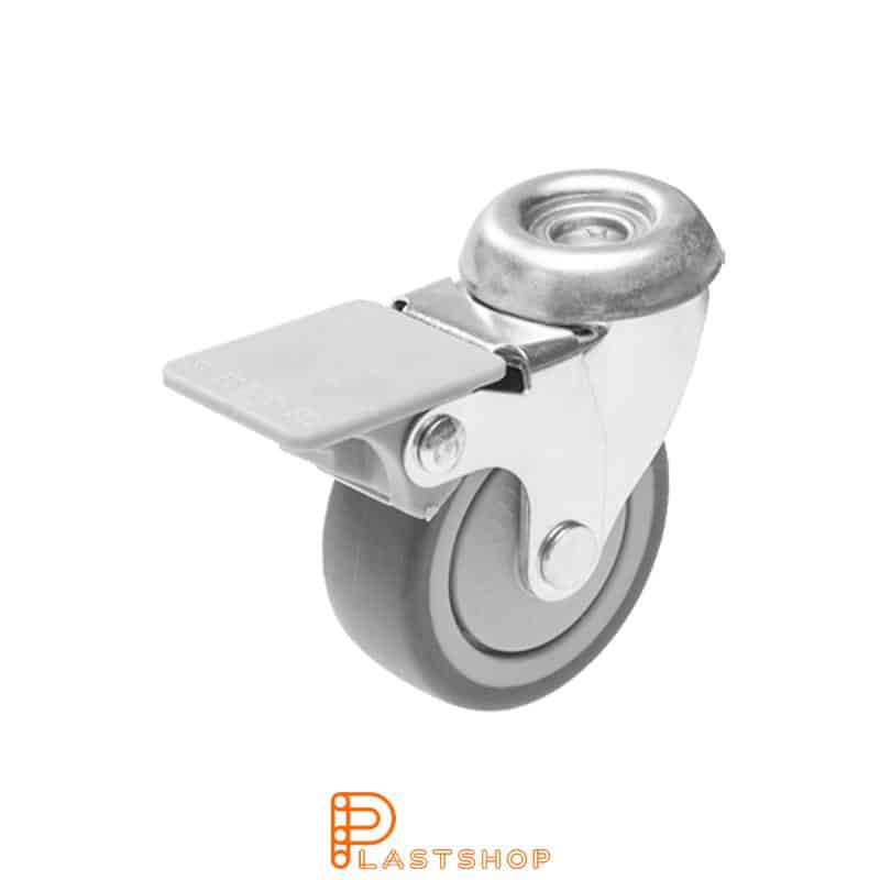 Løpehjul med bremse, midthull, hjuldiameter 50 mm, byggehøyde 64 mm, nav i PP med myk bane i TPE i grå farge. 40 kg bæreevne, kulelager