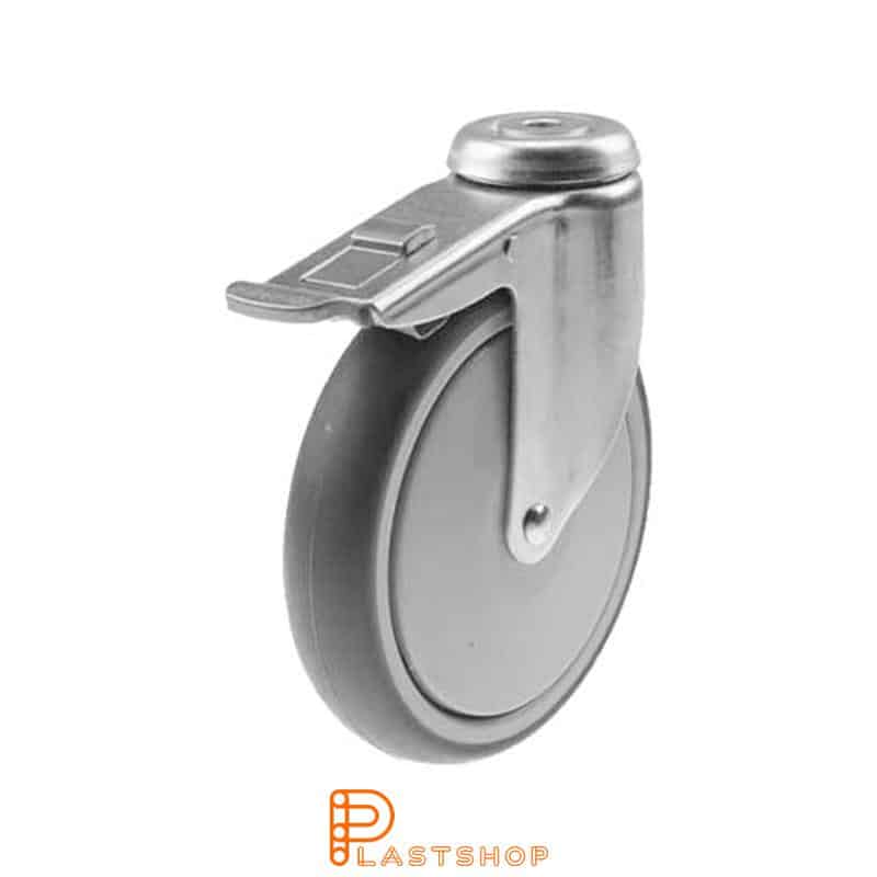 Link wheel with brake, center hole, wheel diameter 50 mm, construction height 70 mm, hub in PP with soft band in TPE in grå. 50 kg load capacity, slide bearing