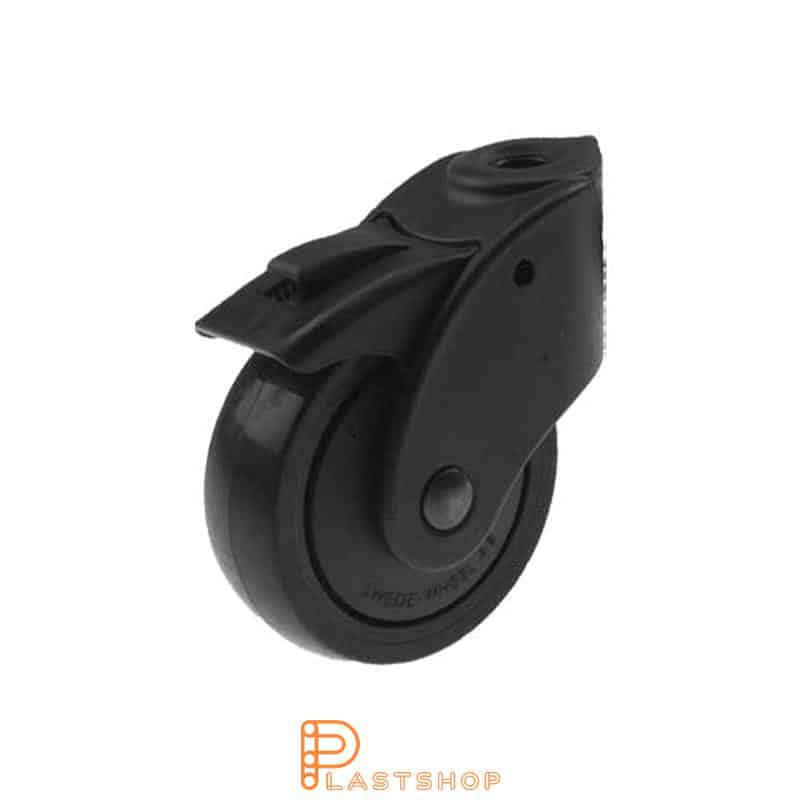Rueda de enlace con freno, agujero central, diámetro de la rueda 75 mm, altura de construcción 94 mm, buje en PP con banda suave en TPE de color negro. 55 kg de carga, rodamientos deslizantes