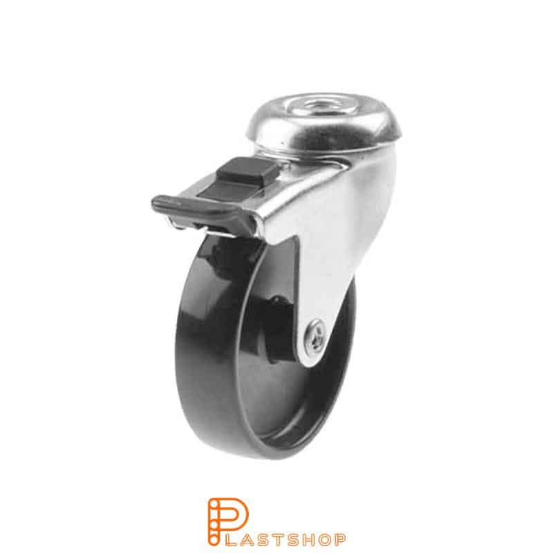 Link wheel with brake, center hole, wheel diameter 75 mm, construction height 98 mm, hard wheel in solid PP, 55 kg load capacity, slide bearing