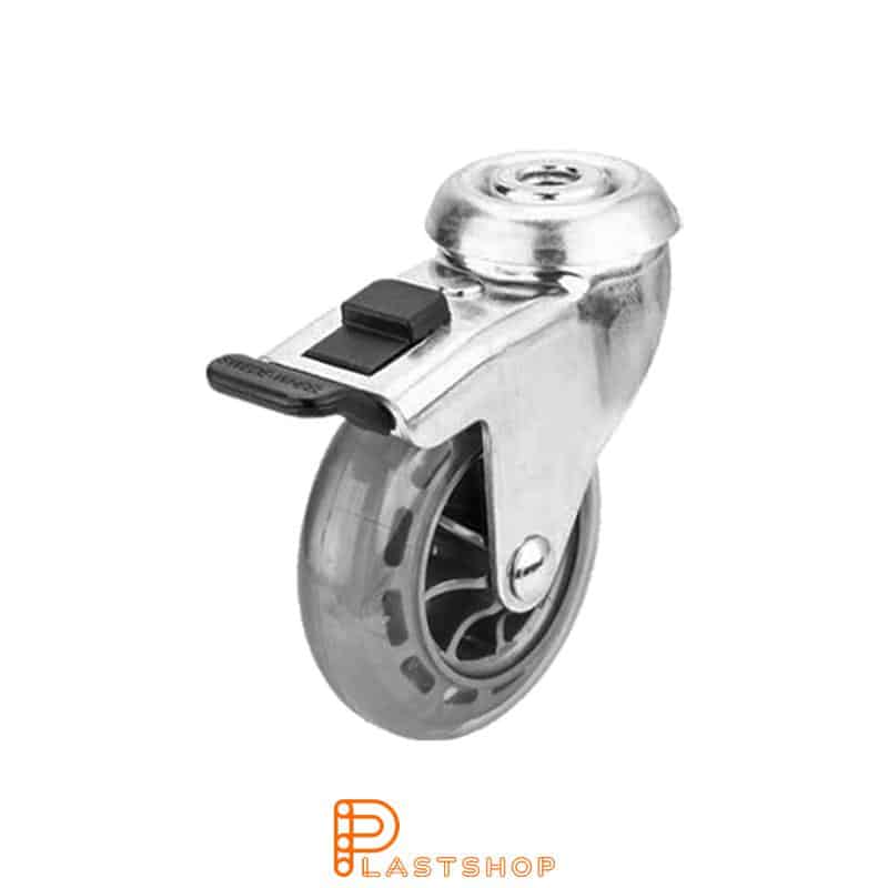 Link wheel with brake, center hole, wheel diameter 75 mm, construction height 98 mm, hub in PC with soft band in PUR in transparent. 55 kg load capacity, slide bearing