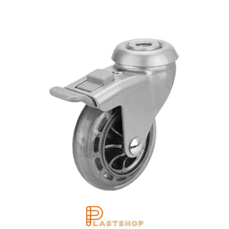 Link wheel with brake, center hole, wheel diameter 75 mm, construction height 98 mm, hub in PC with soft band in PUR in transparent color. 55 kg load capacity, slide bearing