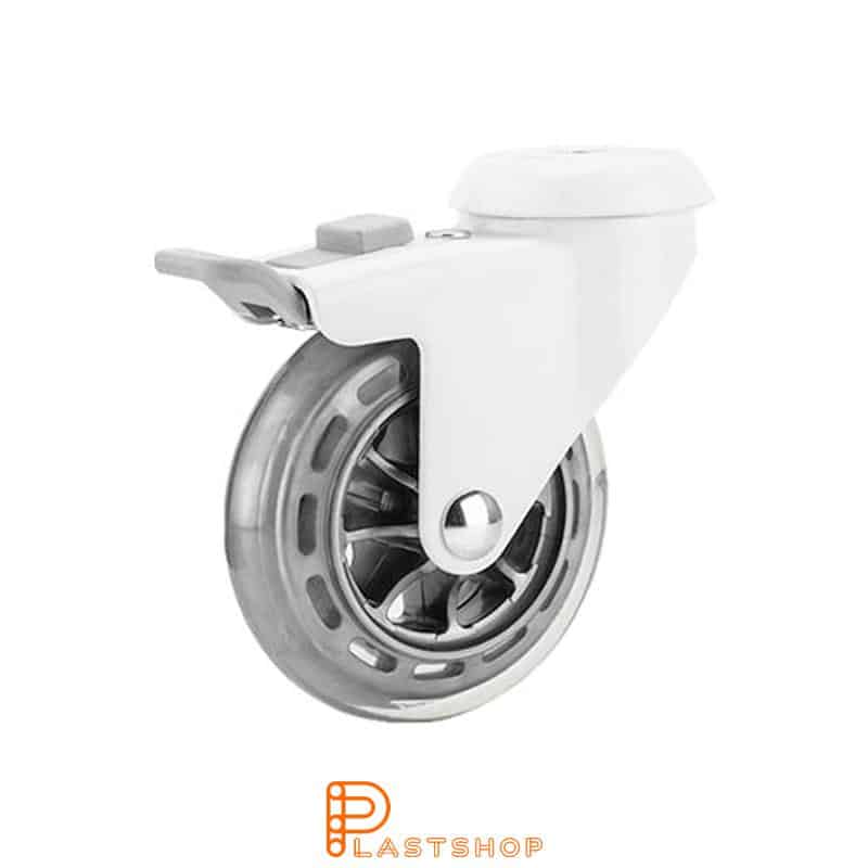 Link wheel with brake, center hole, wheel diameter 75 mm, construction height 98 mm, hub in PC with soft band in PUR in transparent. 55 kg load capacity, slide bearing