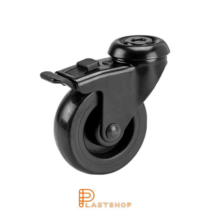 Rueda de enlace con freno, agujero central, diámetro de la rueda 75 mm, altura de construcción 98 mm, buje en PP con banda suave en PUR de color negro. 55 kg de carga, rodamientos deslizantes