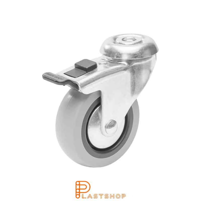 Link wheel with brake, center hole, wheel diameter 75 mm, construction height 98 mm, hub in PP with soft band in TPE in grå. 55 kg load capacity, slide bearing