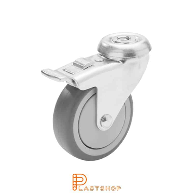 Link wheel with brake, center hole, wheel diameter 75 mm, construction height 98 mm, hub in PP with soft band in TPE in grå. 70 kg load capacity, ball bearing