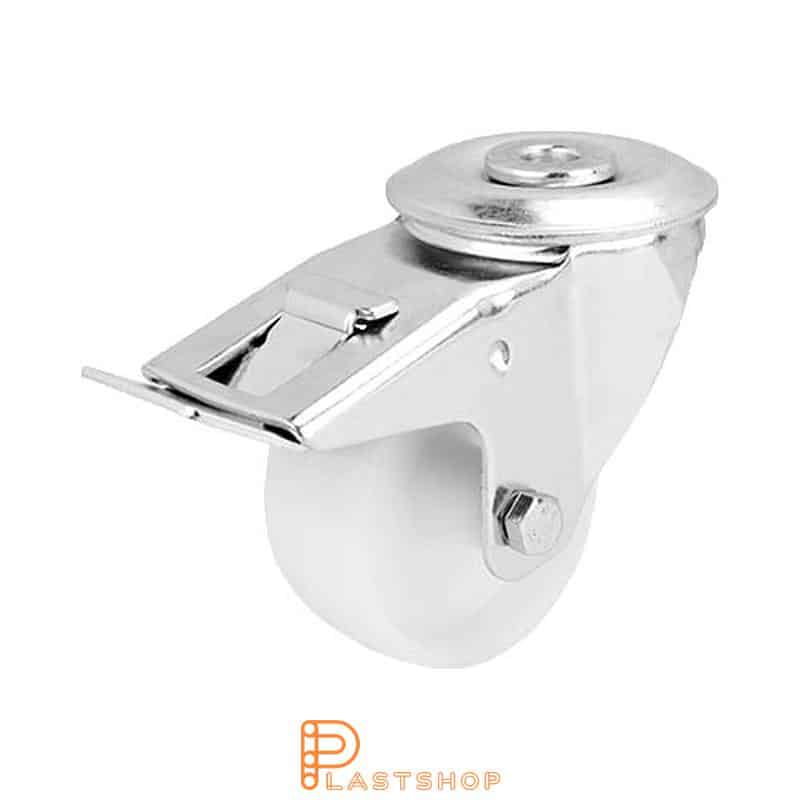 Link wheel with brake, center hole, wheel diameter 80 mm, construction height 108 mm, hard wheel in solid PA6, 150 kg load capacity, slide bearing