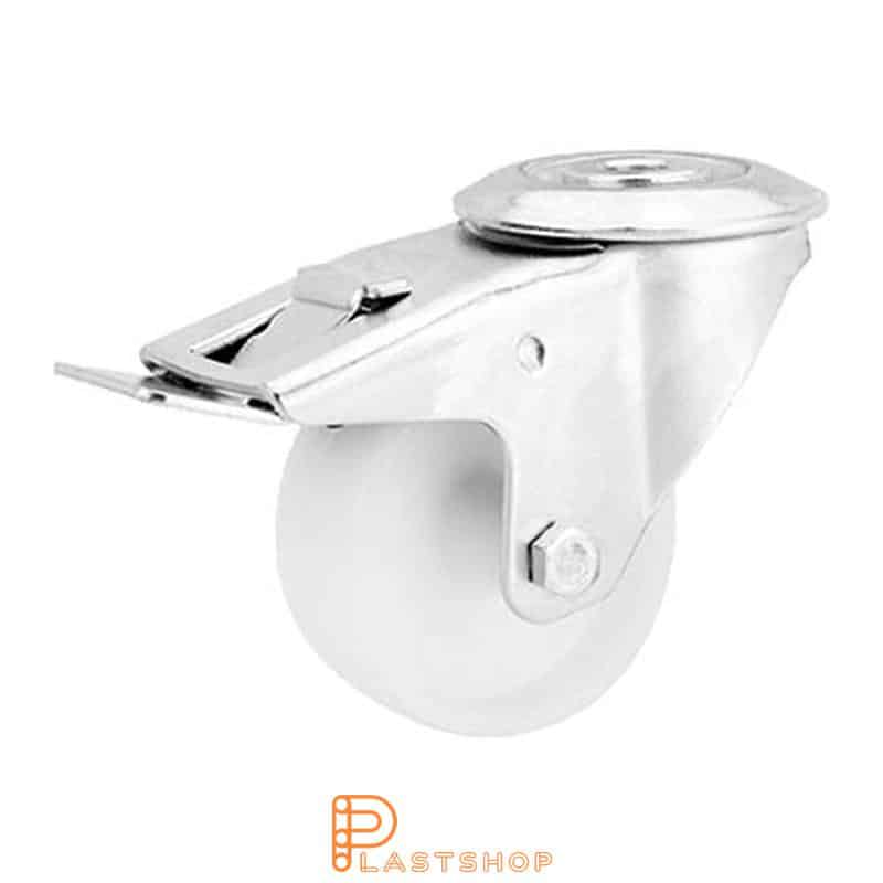 Link wheel with brake, center hole, wheel diameter 80 mm, construction height 108 mm, hard wheel in solid PP, 120 kg load capacity, slide bearing