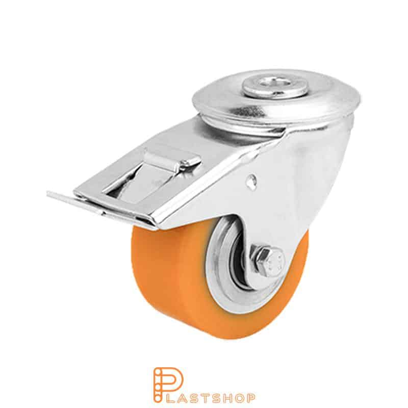 Løpehjul med bremse, midthull, hjuldiameter 80 mm, byggehøyde 108 mm, nav i aluminium med myk bane i PUR i oransje farge. 150 kg bæreevne, doble kulelager