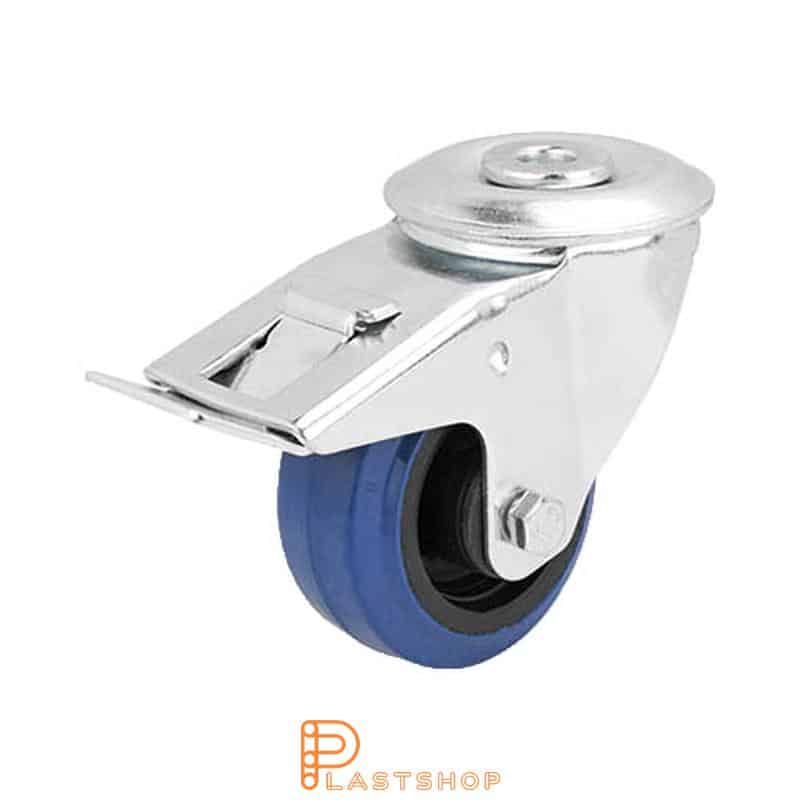 Link wheel with brake, center hole, wheel diameter 80 mm, building height 108 mm, hub in PA6 with soft band in ElastoGum in blå. 100 kg load capacity, roller bearing