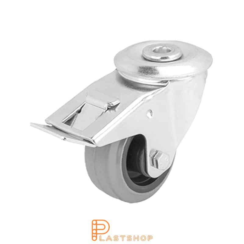 Lenkjhjul med bremse, sentrumhull, hjuldiameter 80 mm, byggehøyde 108 mm, nav i PA6 med myk bane i ElastoGum i grå farge. 100 kg bæreevne, rullager