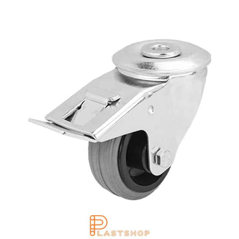 Rueda de enlace con freno, agujero central, diámetro de la rueda 80 mm, altura de construcción 108 mm, buje en PP con banda suave en goma de color gris. 50 kg de carga, rodamientos rodantes