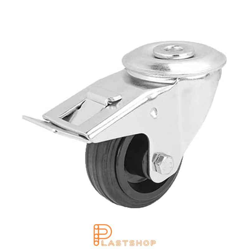 Link wheel with brake, center hole, wheel diameter 80 mm, construction height 108 mm, hub in PP with soft band in rubber in svart. 50 kg load capacity, roller bearing