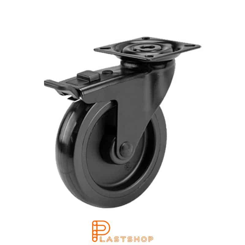 Link wheel with brake, plate, wheel diameter 100 mm, building height 121 mm, hub in PP with soft band in PUR in svart. 55 kg load capacity, slide bearing
