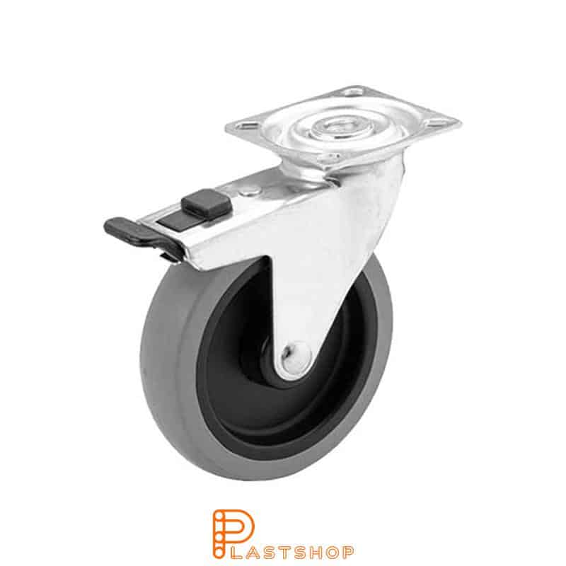 Link wheel with brake, plate, wheel diameter 100 mm, building height 121 mm, hub in PP with soft band in TPE in grå. 55 kg load capacity, slide bearing