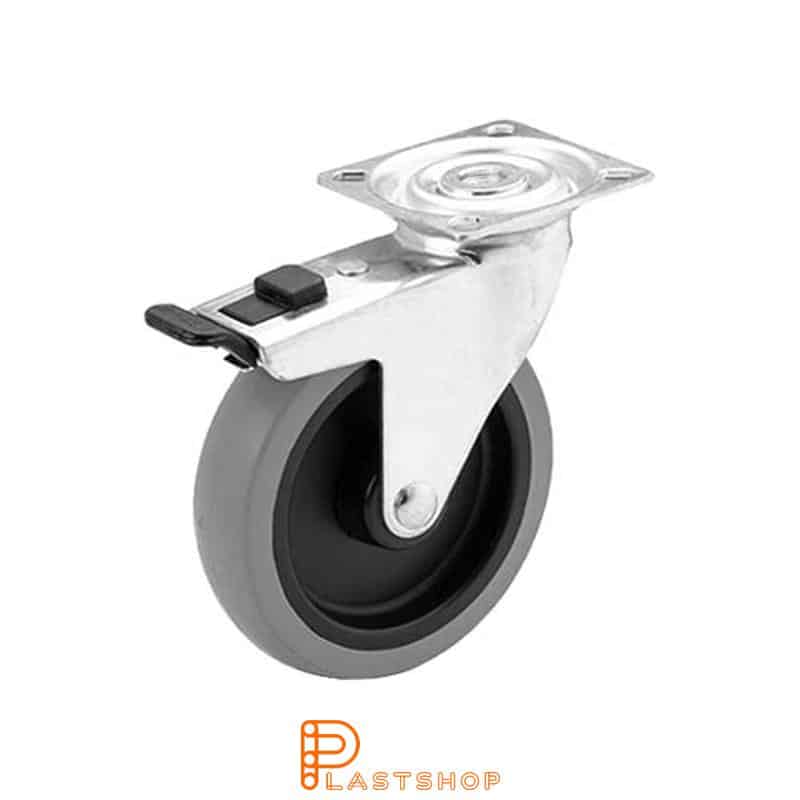 Link wheel with brake, plate, wheel diameter 100 mm, building height 121 mm, hub in PP with soft band in TPE in grå. 55 kg load capacity, slide bearing