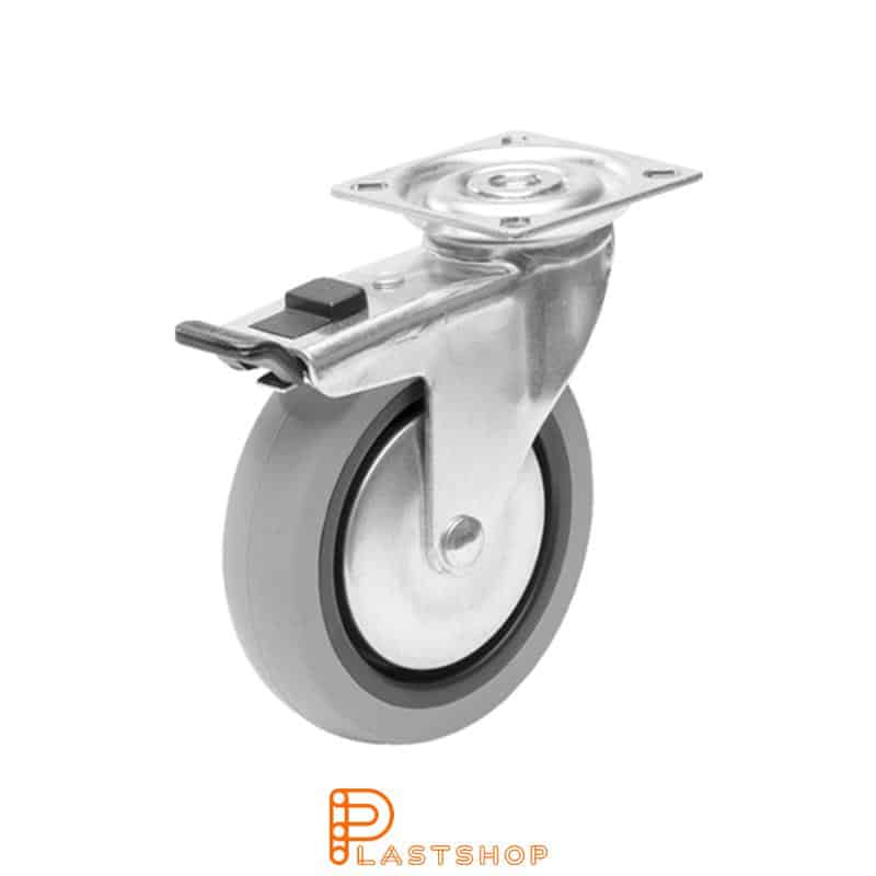 Rueda de enlace con freno, placa, diámetro de la rueda 100 mm, altura de construcción 121 mm, buje en PP con banda suave en TPE de color gris. 55 kg de carga, cojinete deslizante