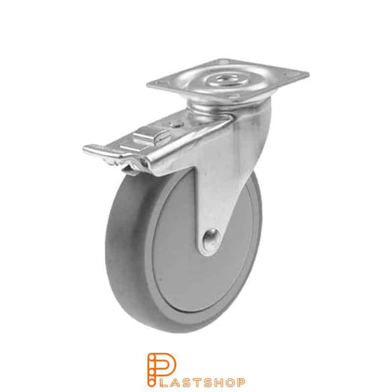 Lenkki pyörä jarrulla, laippa, pyörän halkaisija 100 mm, rakennuskorkeus 121 mm, navat PP:stä pehmeällä uralla TPE:stä harmaassa värissä. 70 kg kantavuus, palloalaakeri