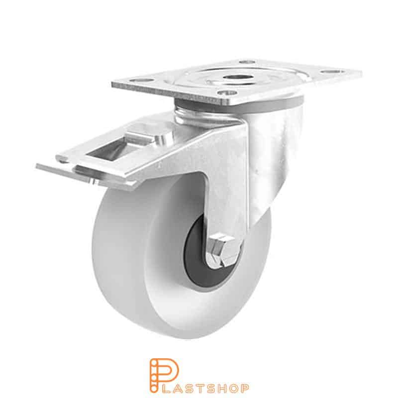 Rueda de enlace con freno, placa, diámetro de la rueda 100 mm, altura de construcción 128 mm, rueda dura de PA6 macizo, 180 kg de carga, cojinete de bolas