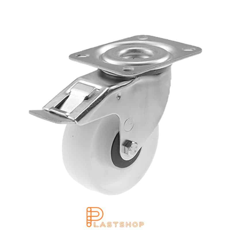 Rueda de enlace con freno, placa, diámetro de la rueda 100 mm, altura de construcción 128 mm, rueda dura de PP macizo, 160 kg de carga, cojinete de bolas