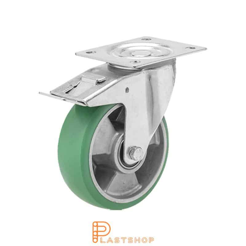 Link wheel with brake, plate, wheel diameter 100 mm, building height 128 mm, hub in aluminum with soft band in ElastoPUR in grön. 200 kg load capacity, double ball bearing