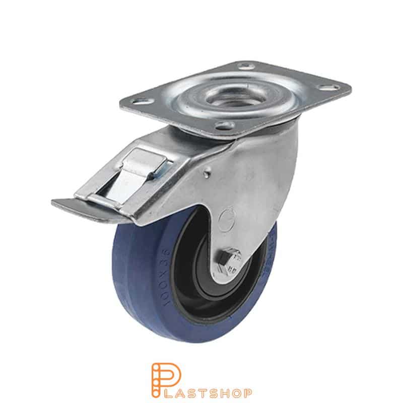 Link wheel with brake, plate, wheel diameter 100 mm, building height 128 mm, hub in PA6 with soft band in ElastoGum in blå. 160 kg load capacity, ball bearing