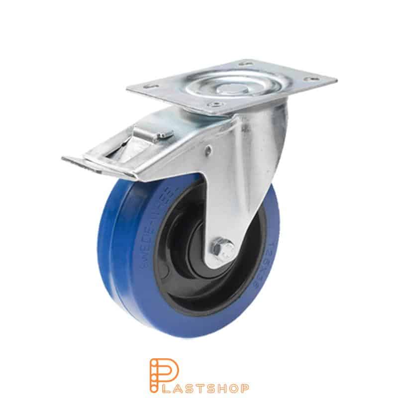 Link wheel with brake, plate, wheel diameter 100 mm, building height 128 mm, hub in PA6 with soft band in ElastoGum in blå. 200 kg load capacity, ball bearing
