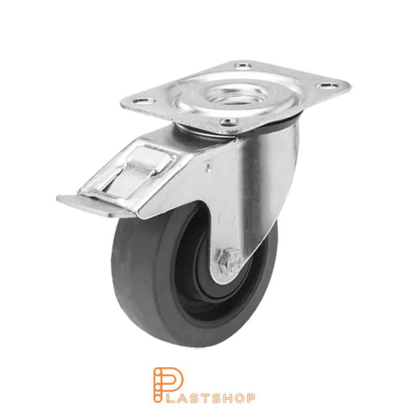 Link wheel with brake, plate, wheel diameter 100 mm, building height 128 mm, hub in PA6 with soft band in ElastoGum in grå. 160 kg load capacity, ball bearing