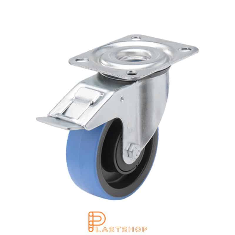 Link wheel with brake, plate, wheel diameter 100 mm, building height 128 mm, hub in PA6 with soft band in PUR in blue color. 160 kg load capacity, ball bearing