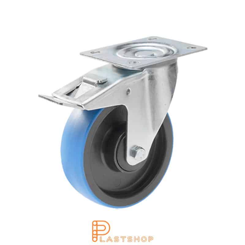 Rueda de enlace con freno, placa, diámetro de la rueda 100 mm, altura de construcción 128 mm, buje en PA6 con banda suave en PUR de color azul. 200 kg de carga, cojinete de bolas