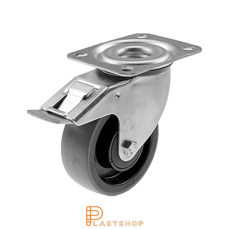 Länkhjul med broms, platta, hjuldiameter 100 mm, bygghöjd 128 mm, nav i PA6 med mjuk bana i PUR i grå färg. 160 kg bärighet, kullager