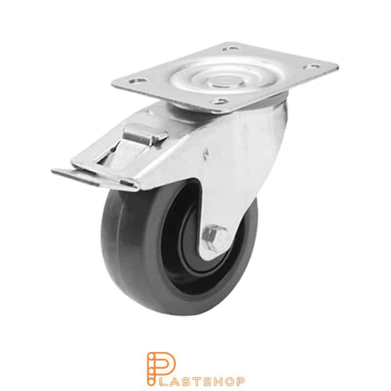 Link wheel with brake, plate, wheel diameter 100 mm, building height 128 mm, hub in PA6 with soft band in PUR in grå. 200 kg load capacity, ball bearing