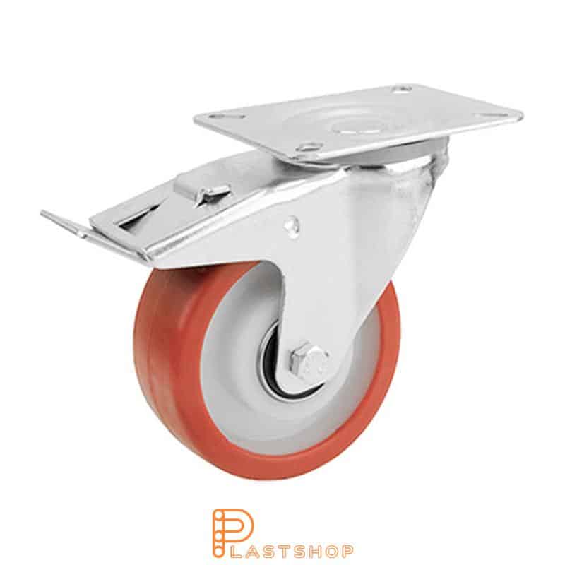 Rueda de enlace con freno, placa, diámetro de la rueda 100 mm, altura de construcción 128 mm, buje en PA6 con banda suave en PUR de color rojo. 200 kg de carga, cojinetes de bolas dobles