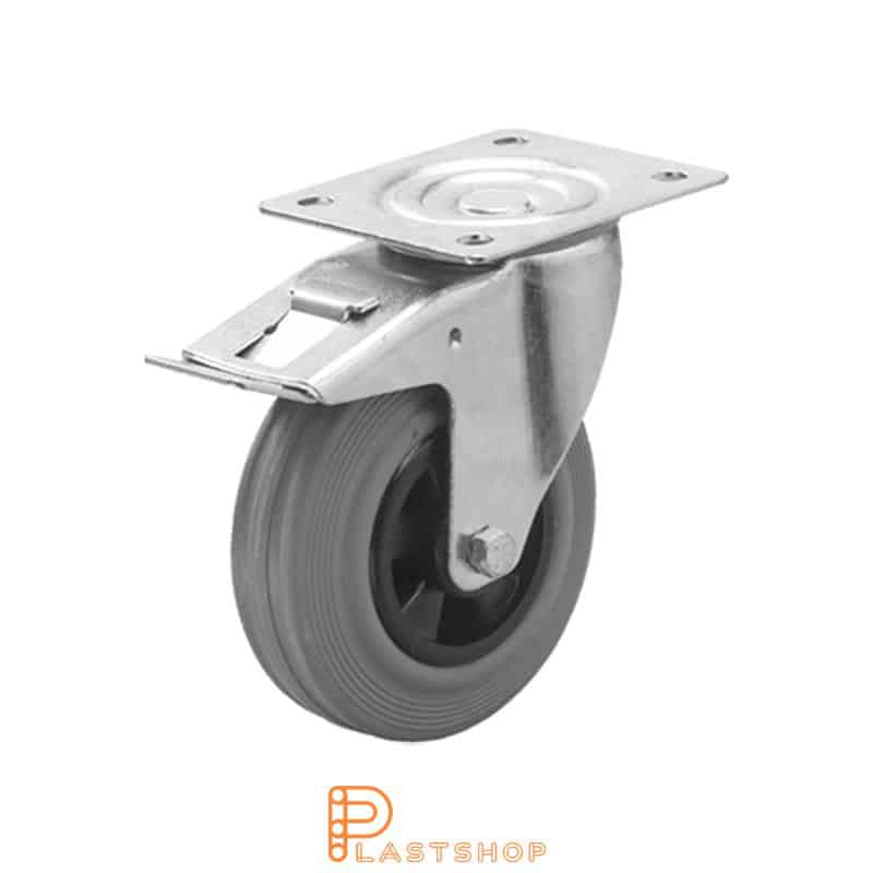Rueda de enlace con freno, placa, diámetro de la rueda 100 mm, altura de construcción 128 mm, buje en PP con banda suave en goma de color gris. 70 kg de carga, rodamiento