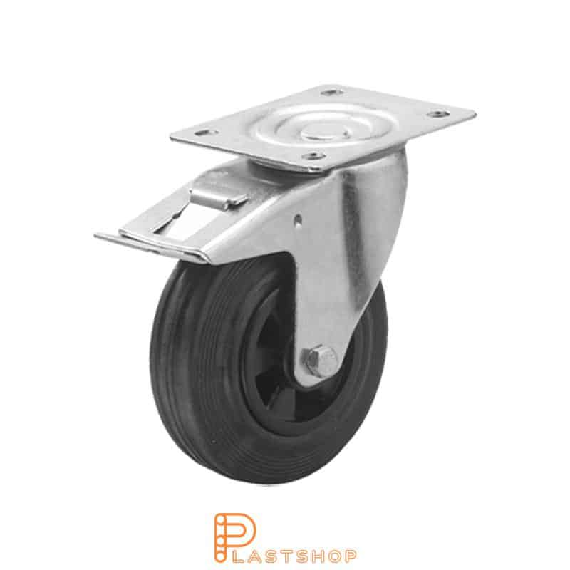 Rueda de enlace con freno, placa, diámetro de la rueda 100 mm, altura de construcción 128 mm, buje en PP con banda suave en goma de color negro. 70 kg de carga, rodamiento