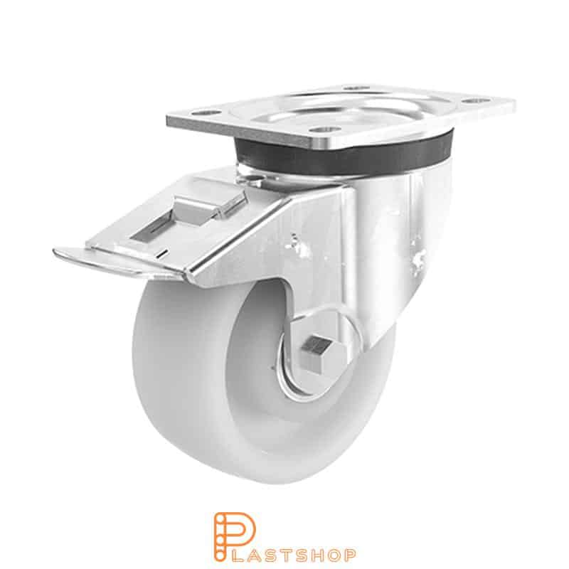 Link wheel with brake, plate, wheel diameter 100 mm, building height 130 mm, hard wheel in solid PA6, 350 kg load capacity, double ball bearing