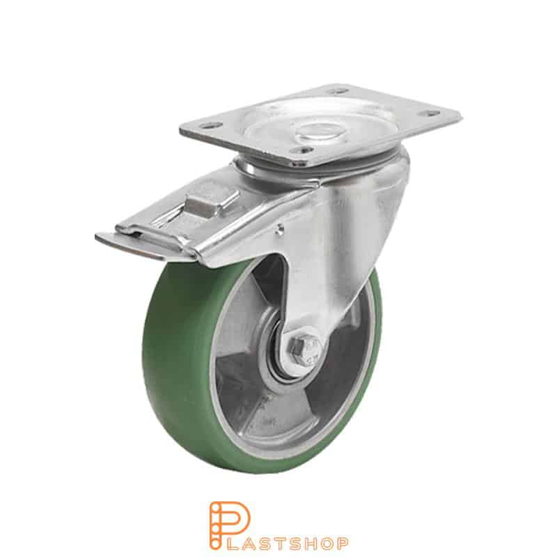 Link wheel with brake, plate, wheel diameter 100 mm, building height 130 mm, hub in aluminum with soft band in ElastoPUR in grön. 200 kg load capacity, double ball bearing
