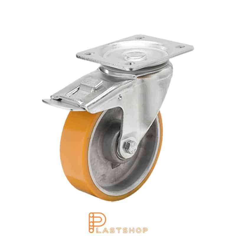 Lenkjhjul med bremse, plate, hjuldiameter 100 mm, byggehøyde 130 mm, nav i aluminium med myk bane i PUR i oransje farge. 200 kg bæreevne, doble kullager