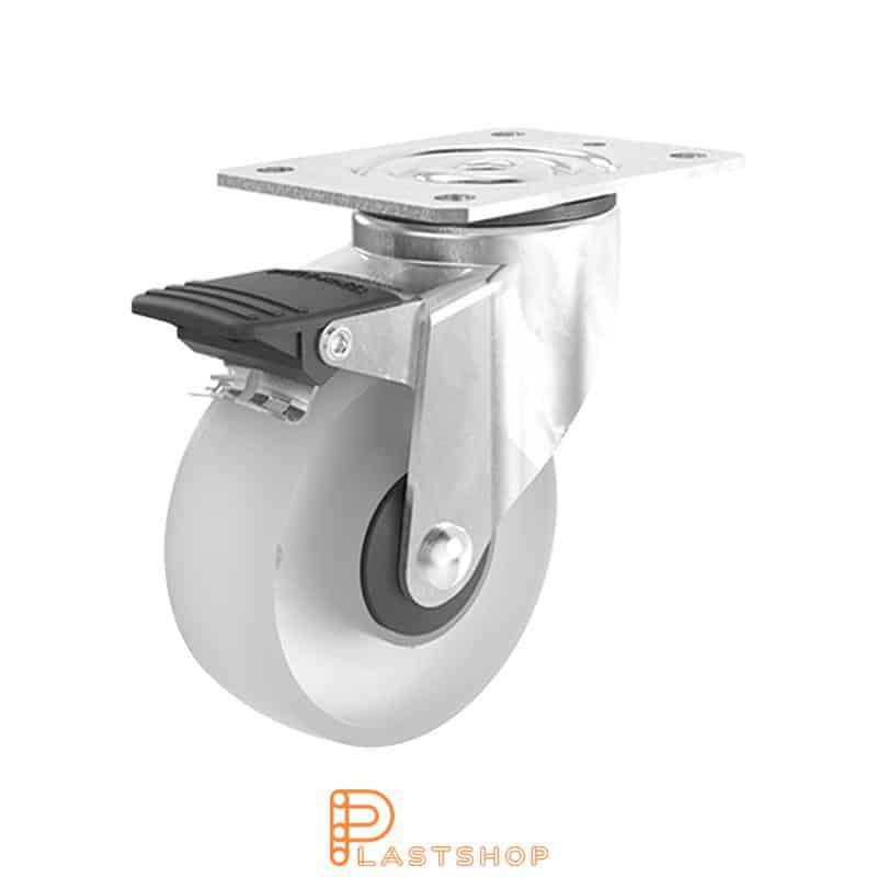 Link wheel with brake, plate, wheel diameter 100 mm, building height 132 mm, hard wheel in solid PA6, 140 kg load capacity, ball bearing