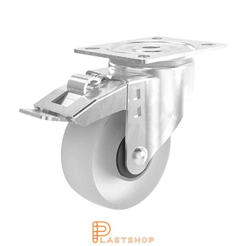 Link wheel with brake, plate, wheel diameter 100 mm, building height 132 mm, hard wheel in solid PA6, 200 kg load capacity, ball bearing