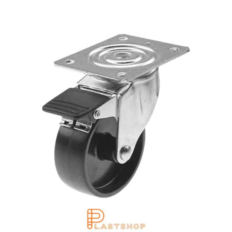 Link wheel with brake, plate, wheel diameter 100 mm, building height 132 mm, hard wheel in solid PP, 120 kg load capacity, slide bearing