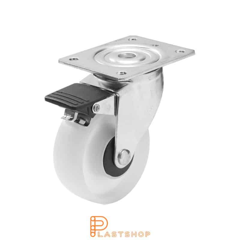 Link wheel with brake, plate, wheel diameter 100 mm, building height 132 mm, hard wheel in solid PP, 140 kg load capacity, ball bearing