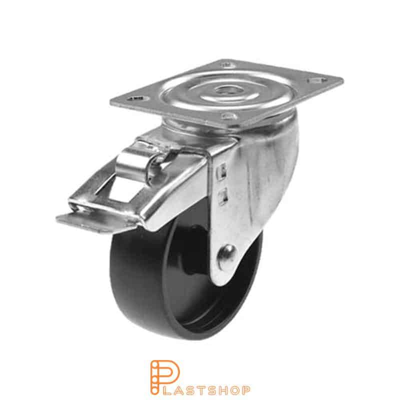 Link wheel with brake, plate, wheel diameter 100 mm, building height 132 mm, hard wheel in solid PP, 160 kg load capacity, slide bearing