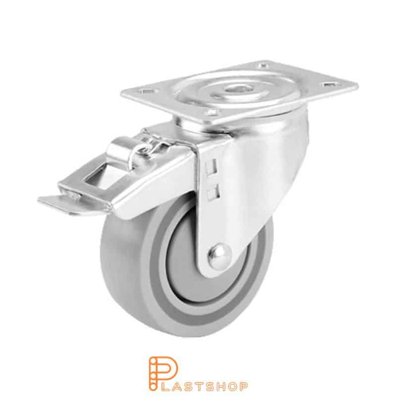 Link wheel with brake, plate, wheel diameter 100 mm, building height 132 mm, hard wheel in solid PP, 160 kg load capacity, ball bearing