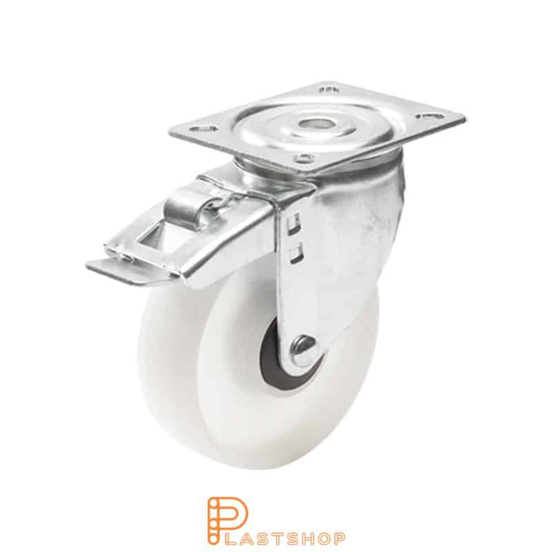 Link wheel with brake, plate, wheel diameter 100 mm, building height 132 mm, hard wheel in solid PP, 160 kg load capacity, ball bearing