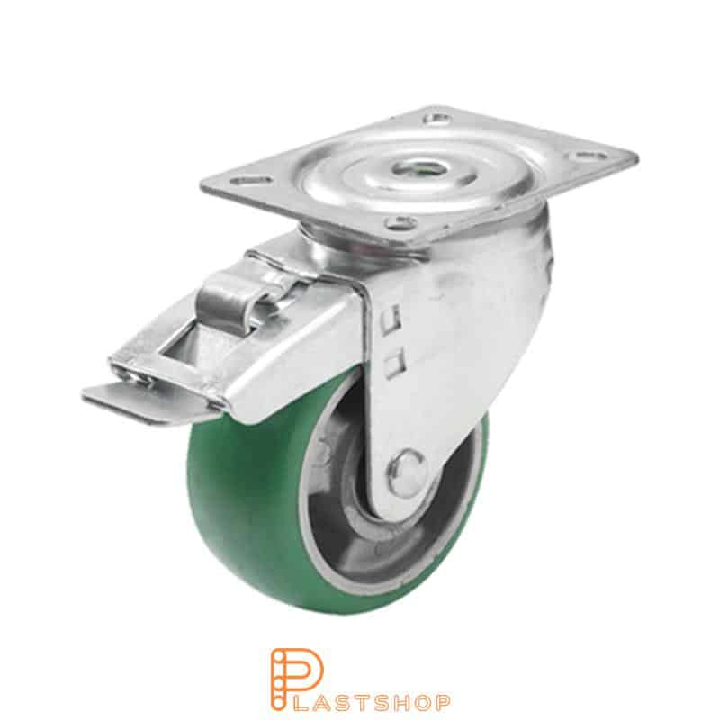 Link wheel with brake, plate, wheel diameter 100 mm, building height 132 mm, hub in aluminum with soft band in ElastoPUR in grön. 200 kg load capacity, double ball bearing
