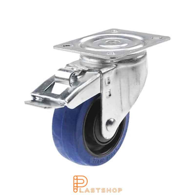 Link wheel with brake, plate, wheel diameter 100 mm, building height 132 mm, hub in PA6 with soft band in ElastoGum in blå. 225 kg load capacity, ball bearing